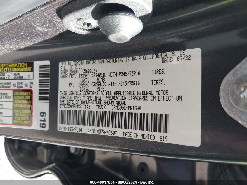 3TMCZ5AN8NM517142 2022 Toyota Tacoma Sr5 V6