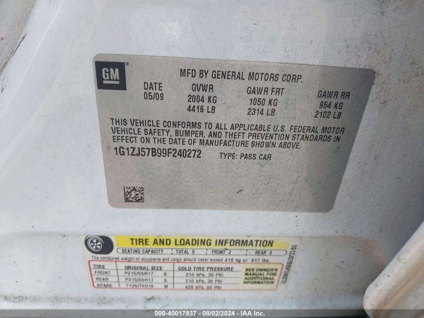2009 Chevrolet Malibu Lt VIN: 1G1ZJ57B99F240272 Lot: 40017837