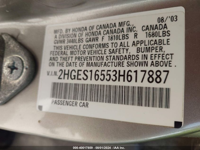 2003 Honda Civic Lx VIN: 2HGES16553H617887 Lot: 40017859