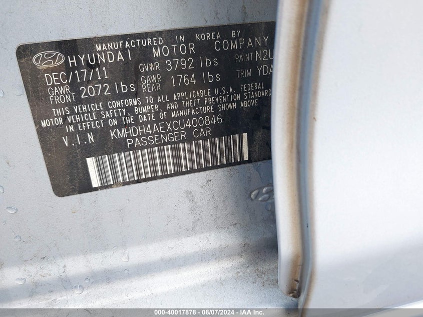 2012 Hyundai Elantra Gls (Ulsan Plant) VIN: KMHDH4AEXCU400846 Lot: 40017878