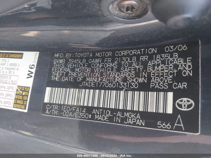 2006 TOYOTA SCION TC VIN: JTKDE177060133130