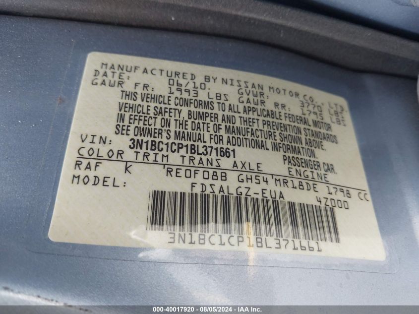 2011 Nissan Versa 1.8Sl VIN: 3N1BC1CP1BL371661 Lot: 40017920