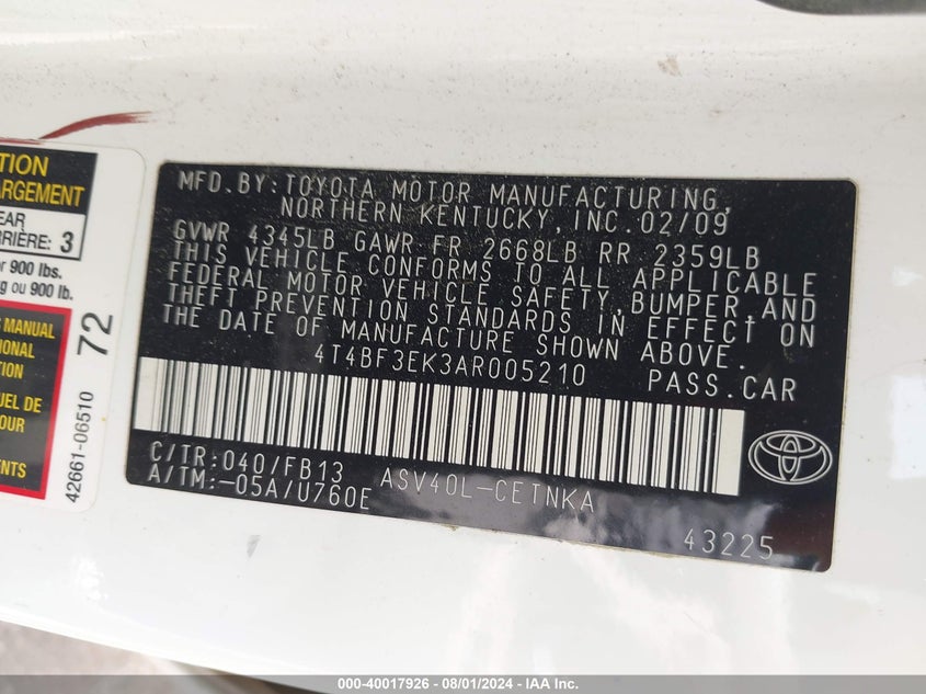 2010 Toyota Camry Le VIN: 4T4BF3EK3AR005210 Lot: 40017926