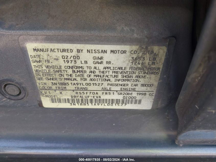 3N1BB51A9YL001527 | 2000 NISSAN SENTRA