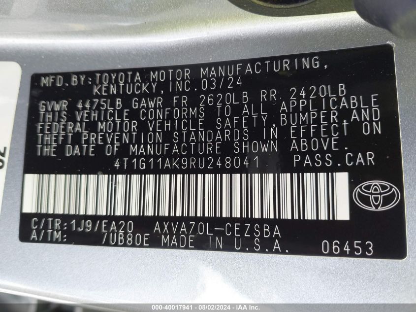 VIN 4T1G11AK9RU248041 2024 Toyota Camry, SE no.9