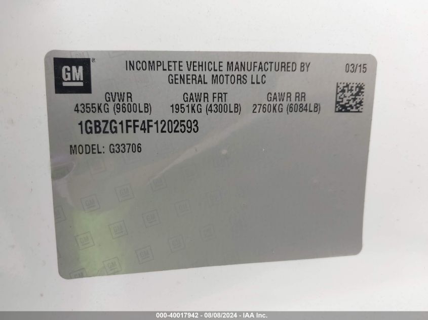 2015 Chevrolet Express 3500 Lt VIN: 1GBZG1FF4F1202593 Lot: 40017942