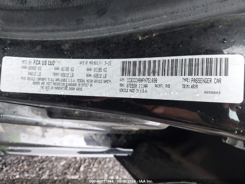 2015 Chrysler 200 Limited VIN: 1C3CCCAB0FN751038 Lot: 40017944