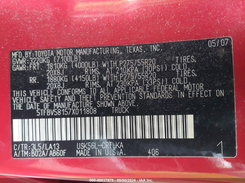 2007 Toyota Tundra Limited 5.7L V8 VIN: 5TFBV58157X011808 Lot: 40017979