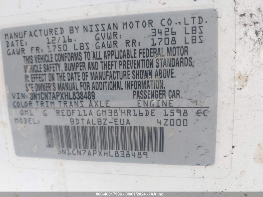 2017 Nissan Versa 1.6 Sv VIN: 3N1CN7APXHL838489 Lot: 40017996