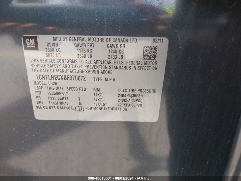 2011 Chevrolet Equinox 2Lt VIN: 2CNFLNECXB6370072 Lot: 40018001