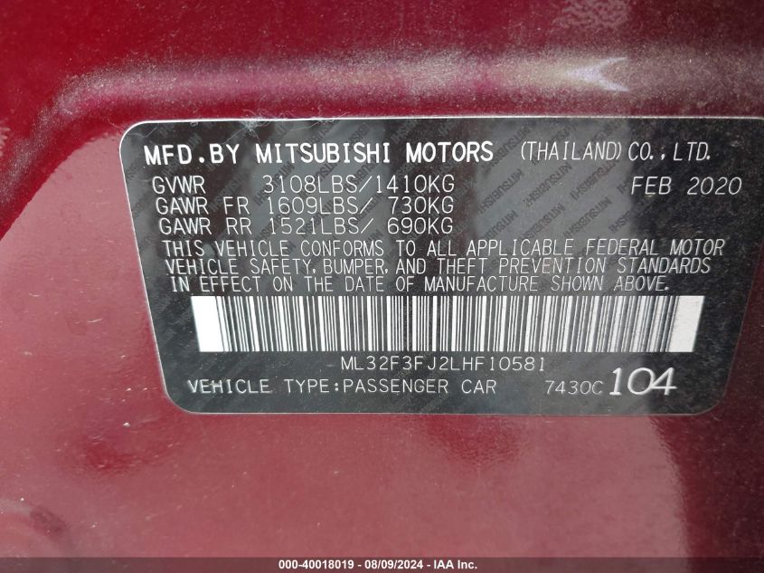 ML32F3FJ2LHF10581 2020 Mitsubishi Mirage G4 Es