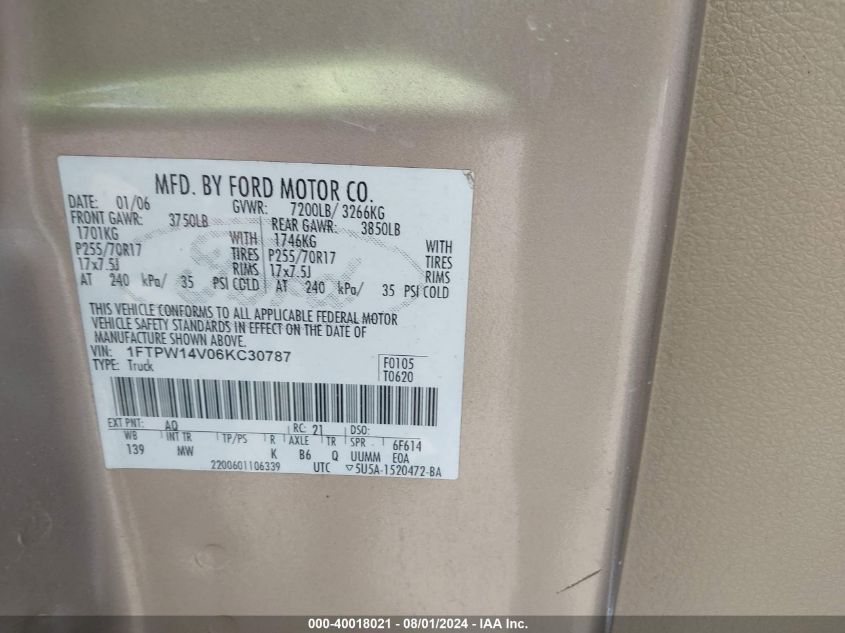 2006 Ford F-150 Fx4/Lariat/Xlt VIN: 1FTPW14V06KC30787 Lot: 40018021
