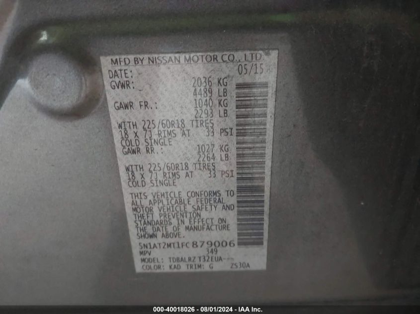 2015 Nissan Rogue Sl VIN: 5N1AT2MT1FC879006 Lot: 40018026