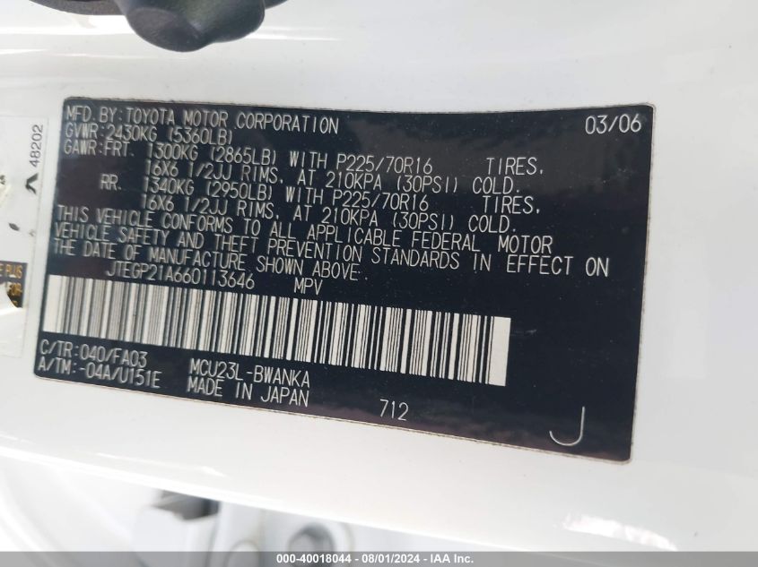 2006 Toyota Highlander V6 VIN: JTEGP21A660113646 Lot: 40018044