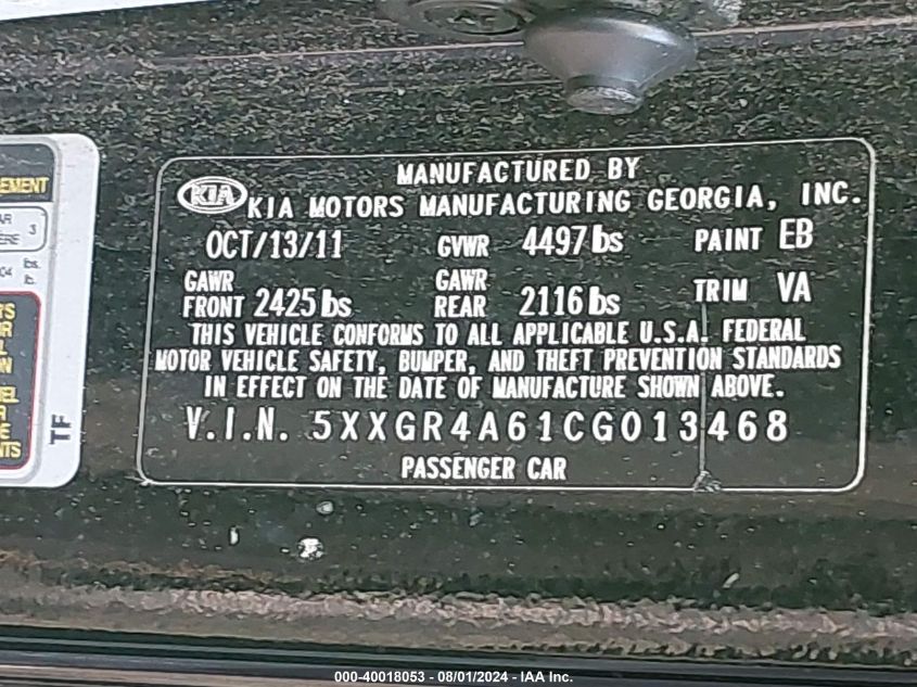 2012 Kia Optima Sx VIN: 5XXGR4A61CG013468 Lot: 40018053