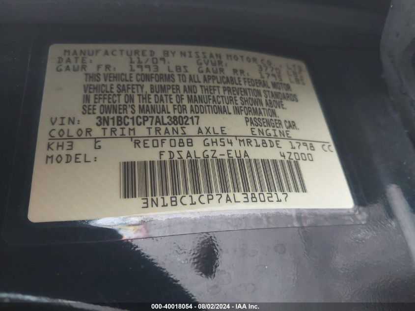 2010 Nissan Versa 1.8Sl VIN: 3N1BC1CP7AL380217 Lot: 40018054