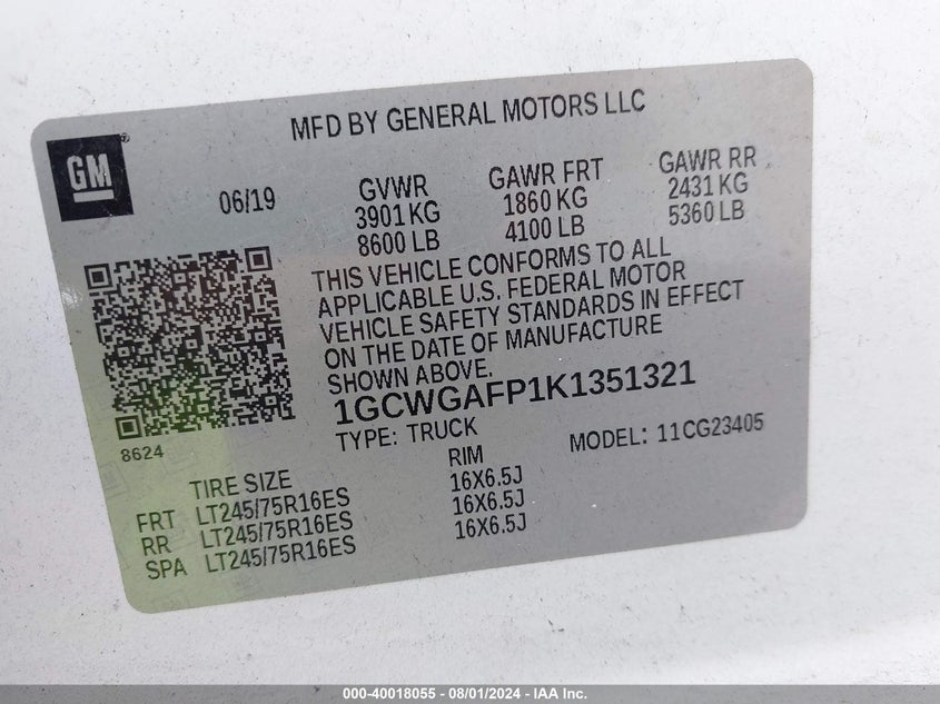 2019 CHEVROLET EXPRESS 2500 WORK VAN - 1GCWGAFP1K1351321