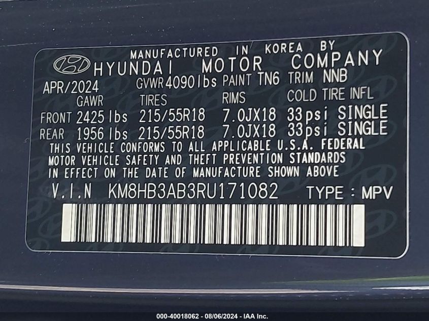 2024 Hyundai Kona Sel VIN: KM8HB3AB3RU171082 Lot: 40018062