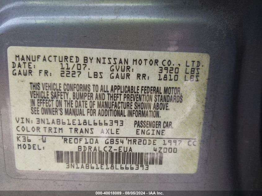 2008 Nissan Sentra 2.0 VIN: 3N1AB61E18L666393 Lot: 40018089