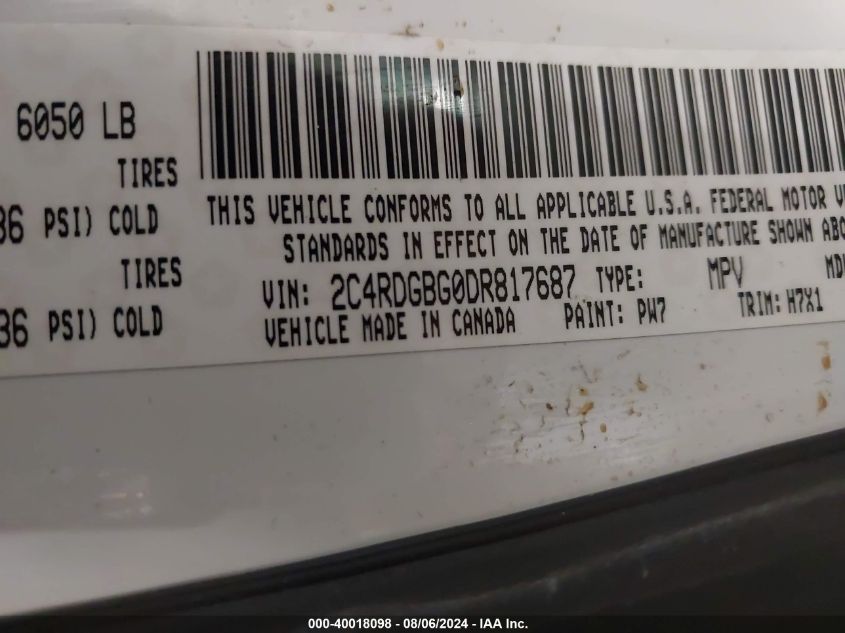 2013 Dodge Grand Caravan Se VIN: 2C4RDGBG0DR817687 Lot: 40018098