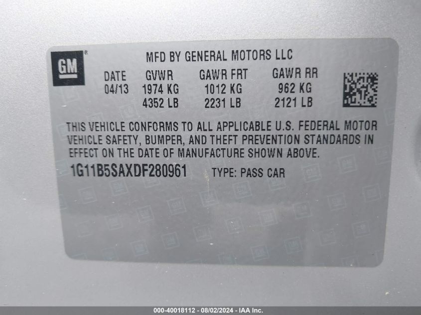 1G11B5SAXDF280961 2013 Chevrolet Malibu 1Ls