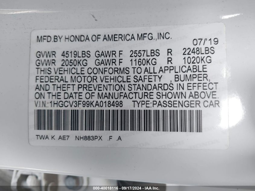 1HGCV3F99KA018498 2019 Honda Accord Hybrid Touring