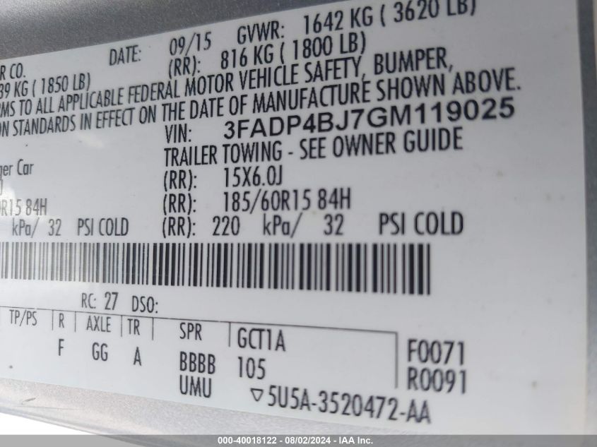 2016 Ford Fiesta Se VIN: 3FADP4BJ7GM119025 Lot: 40018122