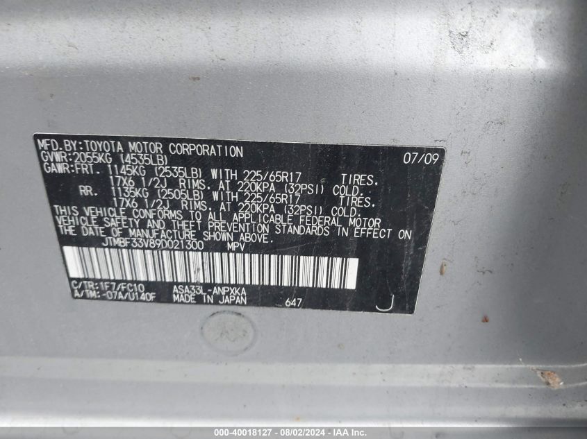 2009 Toyota Rav4 VIN: JTMBF33V89D021300 Lot: 40018127