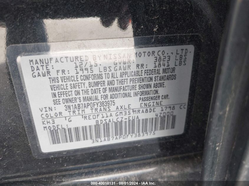 2015 Nissan Sentra S VIN: 3N1AB7AP0FY383975 Lot: 40018131