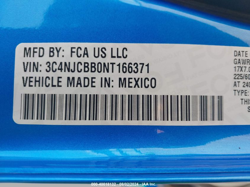 2022 Jeep Compass Latitude Fwd VIN: 3C4NJCBB0NT166371 Lot: 40018132