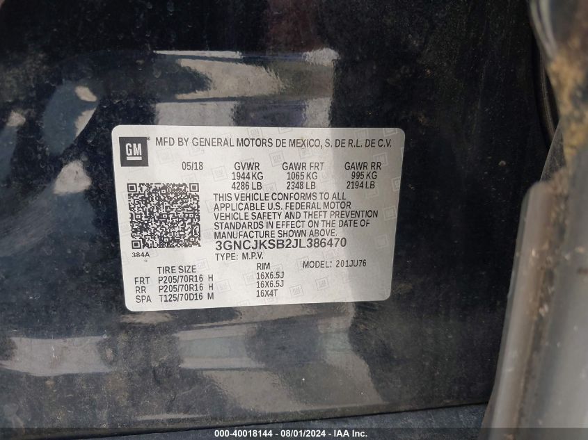 2018 Chevrolet Trax Ls VIN: 3GNCJKSB2JL386470 Lot: 40018144