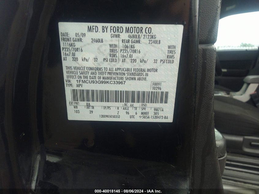 2009 Ford Escape Xlt VIN: 1FMCU93G99KC33967 Lot: 40018145