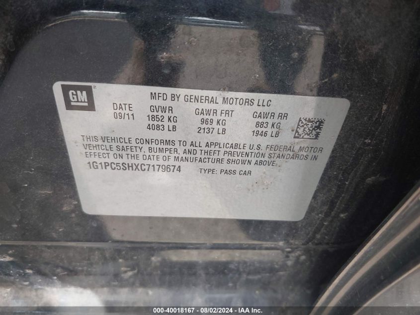 2012 Chevrolet Cruze Ls VIN: 1G1PC5SHXC7179674 Lot: 40018167