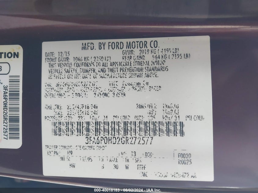 2016 Ford Fusion Se VIN: 3FA6P0HD2GR272577 Lot: 40018183