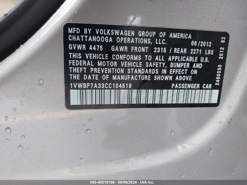 2012 Volkswagen Passat 2.5L Se VIN: 1VWBP7A33CC104519 Lot: 40018186