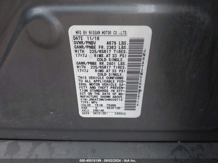 2017 Nissan Rogue S/Sl/Sv VIN: JN8AT2MV2HW009714 Lot: 40018199