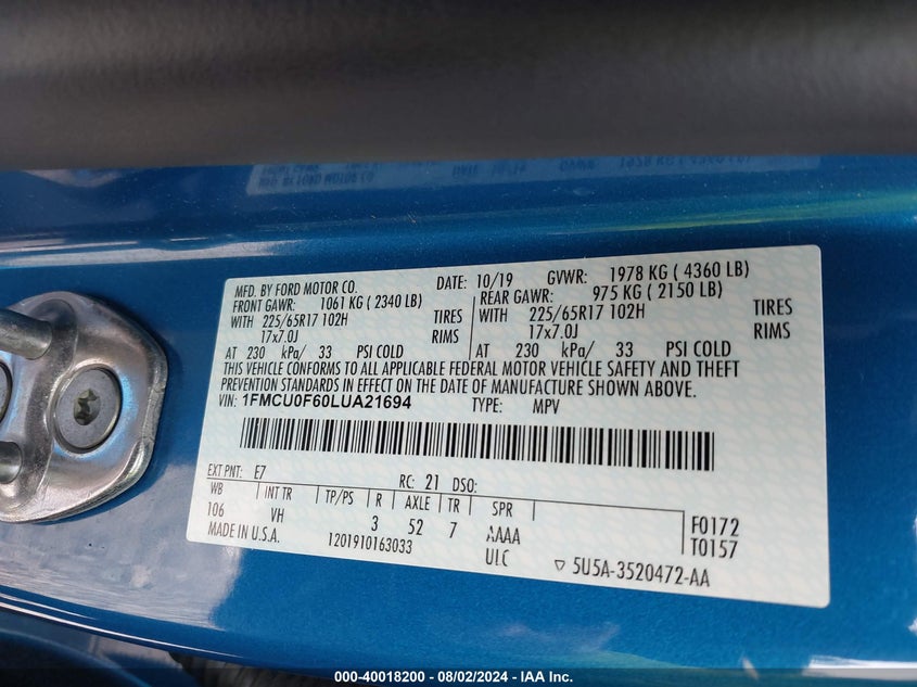 2020 FORD ESCAPE S - 1FMCU0F60LUA21694