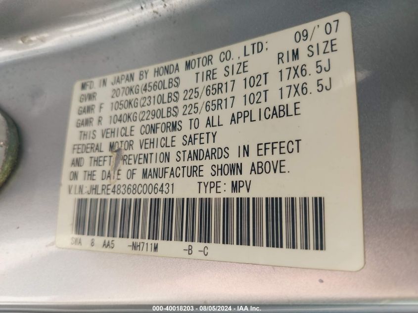 2008 Honda Cr-V Lx VIN: JHLRE48368C006431 Lot: 40018203