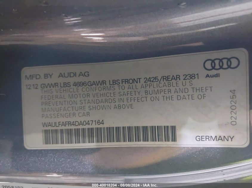 2013 Audi A5 2.0T Premium VIN: WAULFAFR4DA047164 Lot: 40018204