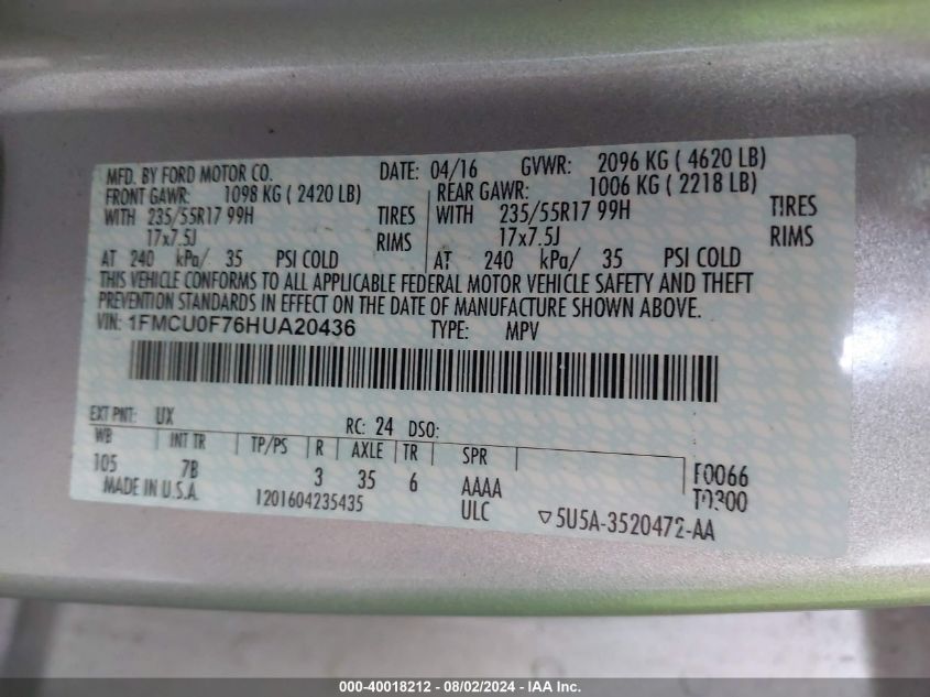 2017 Ford Escape S VIN: 1FMCU0F76HUA20436 Lot: 40018212