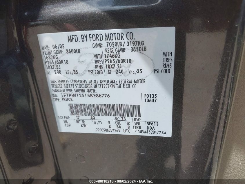 2005 Ford F-150 Lariat/Xlt VIN: 1FTPW12515KE86776 Lot: 40018218