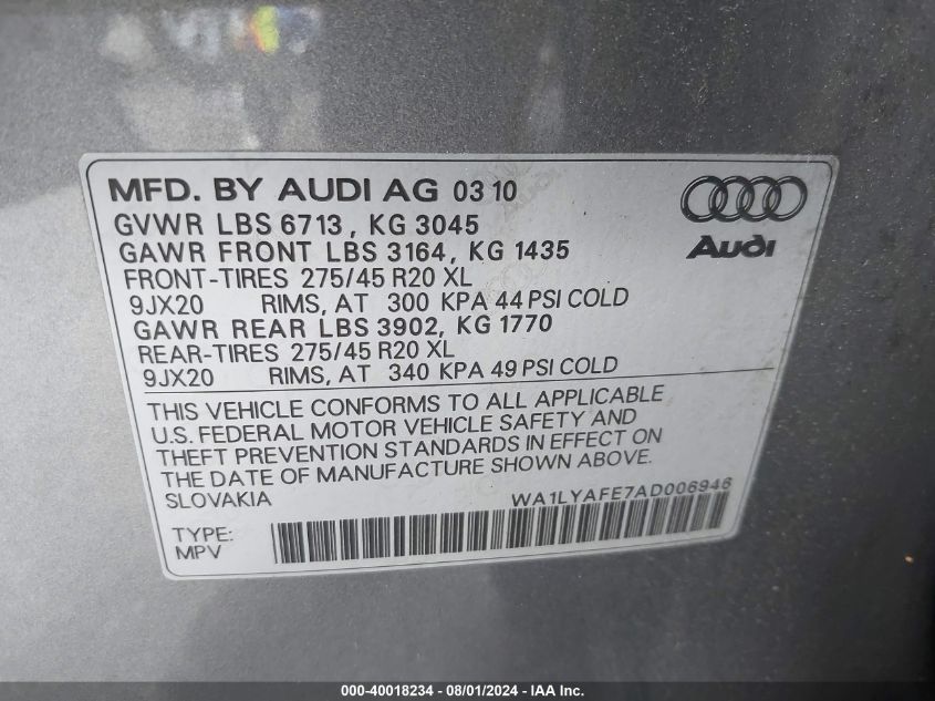 2010 Audi Q7 3.6 Premium VIN: WA1LYAFE7AD006946 Lot: 40018234