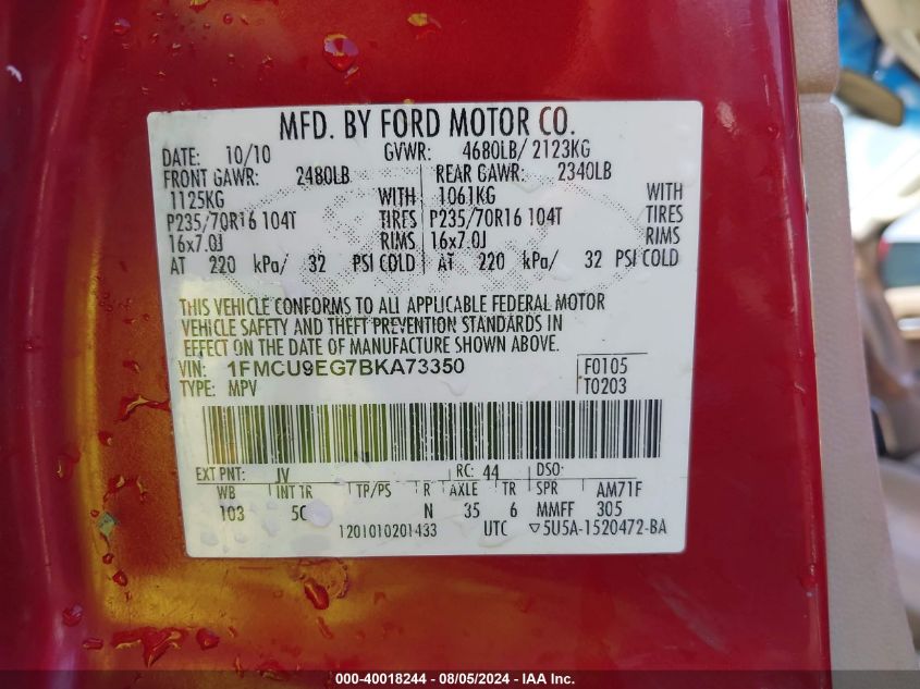 2011 Ford Escape Limited VIN: 1FMCU9EG7BKA73350 Lot: 40018244