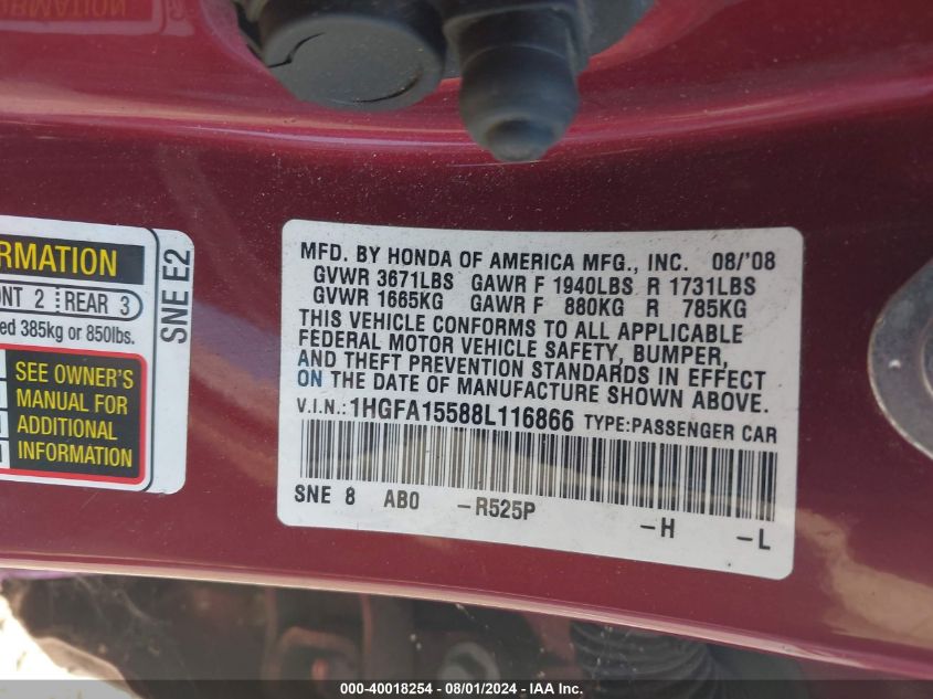 2008 Honda Civic Lx VIN: 1HGFA15588L116866 Lot: 40018254