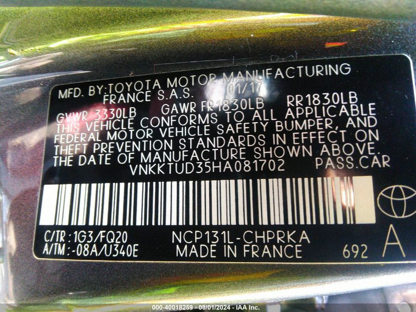 2017 Toyota Yaris L VIN: VNKKTUD35HA081702 Lot: 40018259