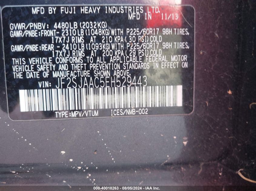2014 Subaru Forester 2.5I VIN: JF2SJAAC5EH529443 Lot: 40018263