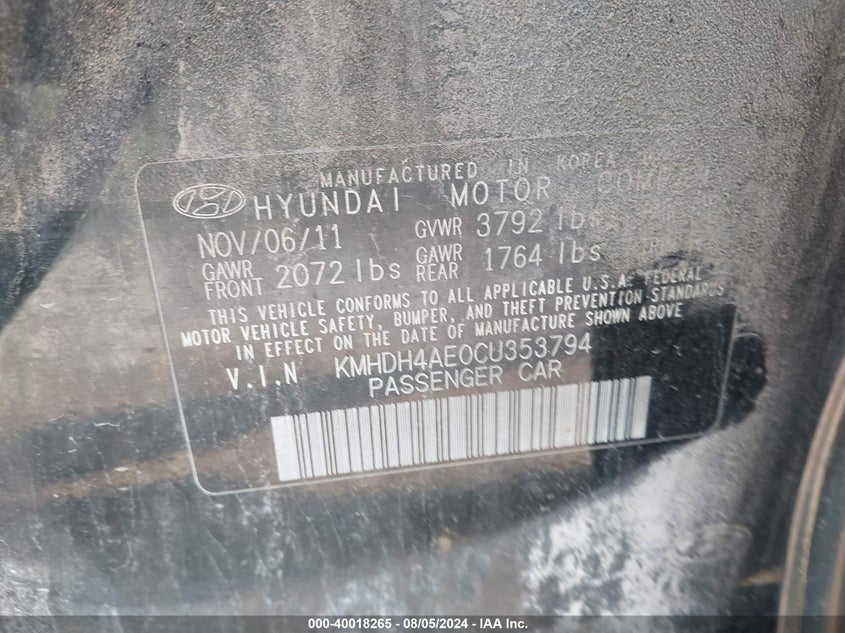 2012 Hyundai Elantra Gls/Limited VIN: KMHDH4AE0CU353794 Lot: 40018265