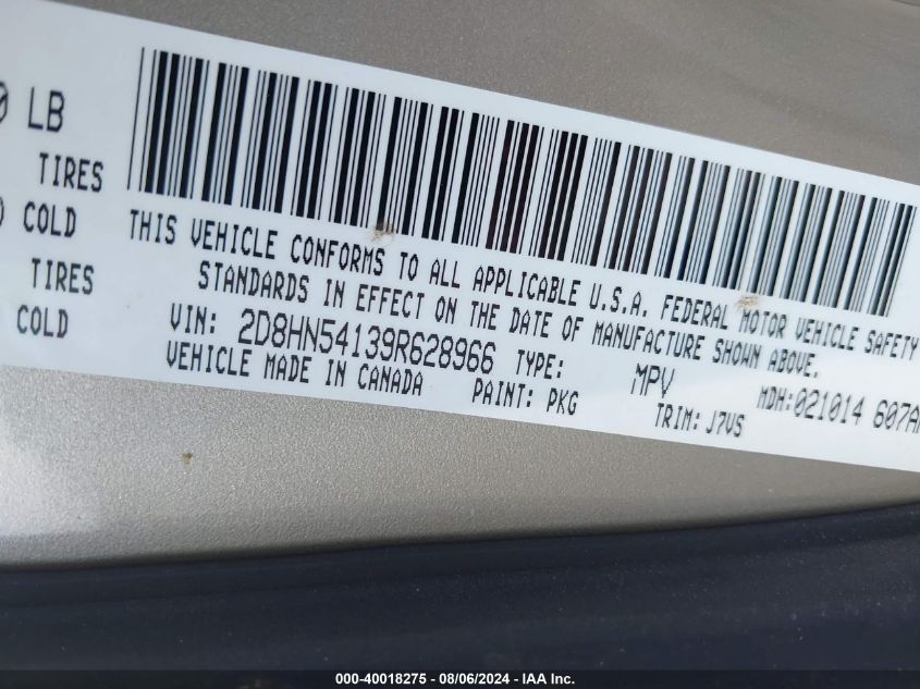 2009 Dodge Grand Caravan Sxt VIN: 2D8HN54139R628966 Lot: 40018275