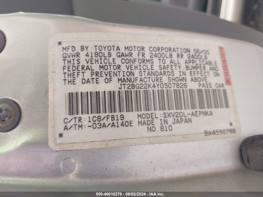 2000 Toyota Camry Le VIN: JT2BG22K4Y0507826 Lot: 40018278