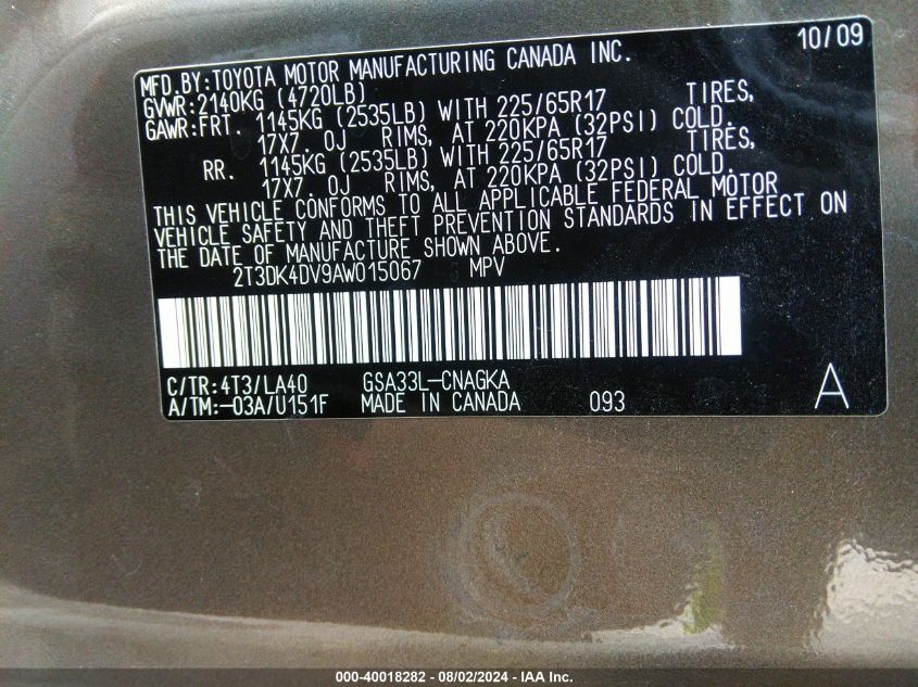 2010 Toyota Rav4 Limited V6 VIN: 2T3DK4DV9AW015067 Lot: 40018282